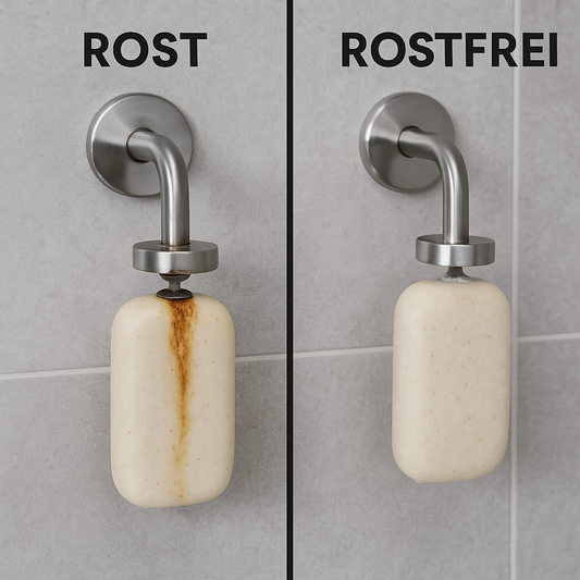 Magnetseifenhalter Vergleich: rostiger vs. rostfreier Edelstahlhalter in der Dusche mit fester Seife.