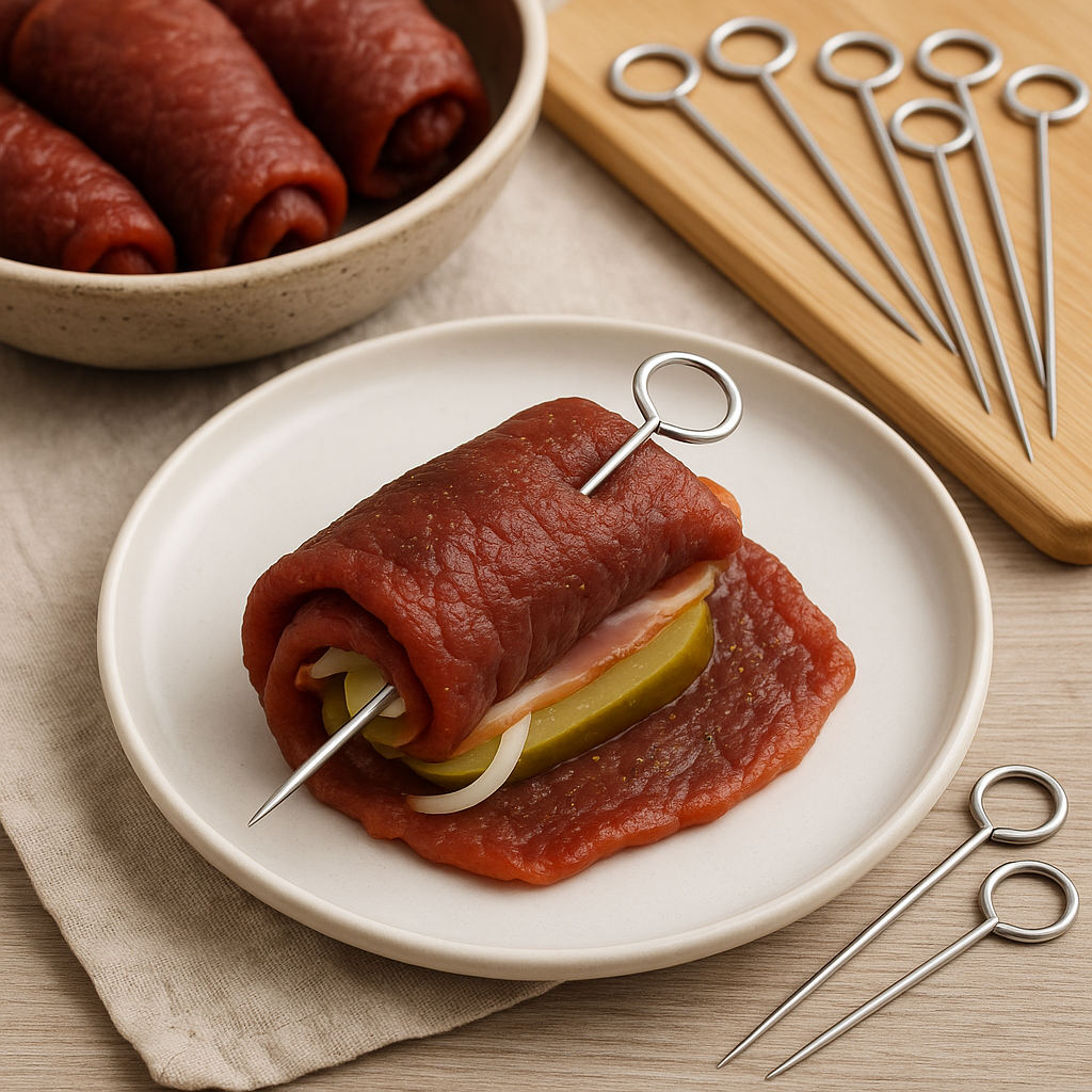 Rouladennadeln aus Edelstahl – 10 Stück | Extra lang mit großem Griff | Wiederverwendbar & rostfrei | Für Rinderrouladen, Kohlrouladen & Fleischspieße | Spülmaschinengeeignet | Made in Germany